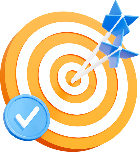 3D Target with arrow hit center and check mark
